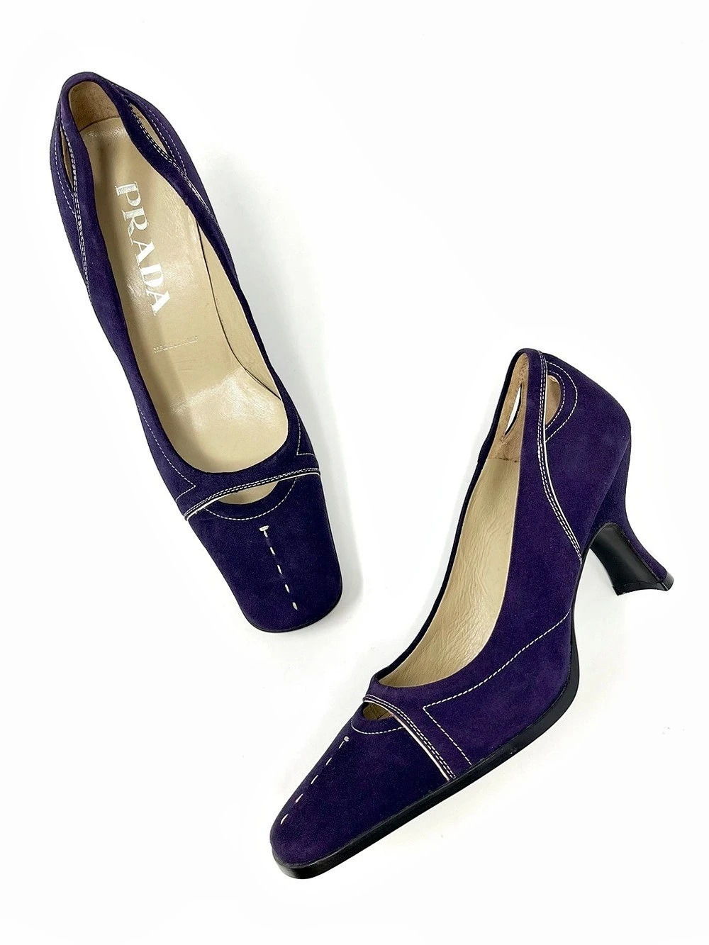 Vintage Vtg Prada 90s Y2K Purple Suede Leather Kitten Heel Pumps Heels 36.5 6.5